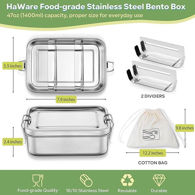 HaWare Stainless Steel Bento Box, 47oz (1400ML) Lunch Box Container with Lids and 2 Removable Dividers, Metal Lunch Containers with Locking Clips, Leak-Proof Food Storage Containers for Work School