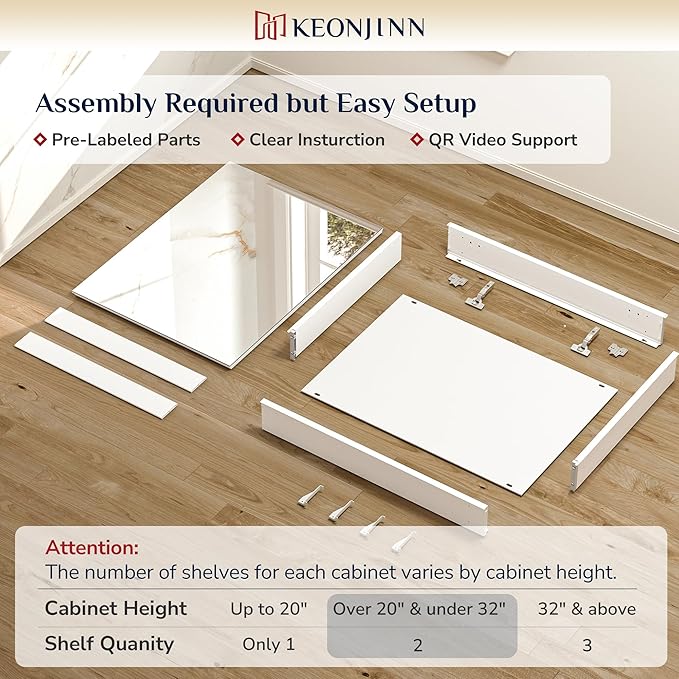 Keonjinn 30 x 26 Inch White Medicine Cabinet Mirror, Assembly Needed, in Wall Medicine Cabinets for Bathroom, Lightweight, Adjustable Shelves, Tempered Glass, Soft Closing, Recessed or Wall Mount