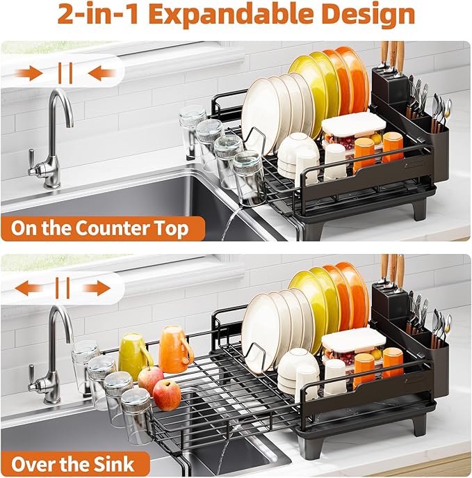 Dish Drying Rack - Extendable Dish Drainer, Large Dish Rack for Kitchen Counter, Rustproof Dish Strainer with Utensil Holder and Cups Holder, 1 Tier Black