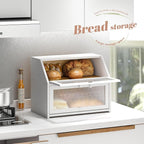 Bread Box for Kitchen Countertop Bin Double Layer Bread Box Storage Container Extra Large Capacity Farmhouse with Diamond Pattern Windows (White, Large)