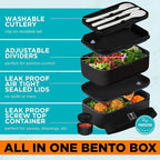Double Premium Bento Box Adult, 67 fl oz BPA-Free - Black Stackable Lunch Box with Leak-Proof Lids & Dividers, Perfect for Meal Prep, Lunches & Portion Control