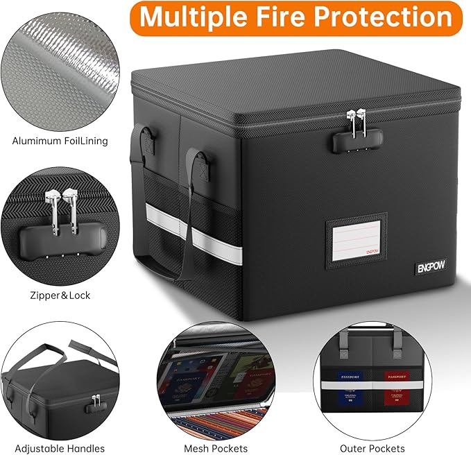 ENGPOW 5200°F Fireproof Document Box with Lock, Heat Insulated Collapsible File Storage Organizer with Handle, Portable Home Office File Cabinet for Hanging Letter/Legal Size Folder, Black
