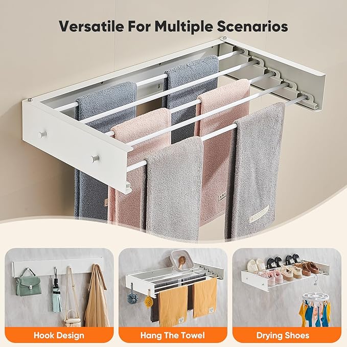 Clothes Drying Rack 31.5 inches Foldable Wall Mount Laundry Rack Folding Indoor Drying Rack Clothing Collapsible Hidden Space Saver with Wall Template 5 Rods White
