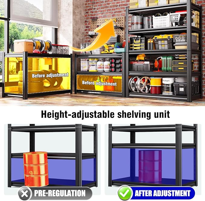 5 Tier Heavy Duty Garage Shelving, 2500LBS Adjustable Metal Storage Shelves, Boltless Industrial Shelving Unit for Garage, Basement, Warehouse, Pantry, Closet, Kitchen, 78"x 46"x 20" Black