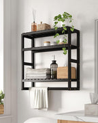 Over The Toilet Storage Bathroom Shelves Wall Mounted 3 Tier Space Saver Corner Shelf Organizer Bamboo Towel Rack Toilet Paper Cabinet with Hanging Rod Black