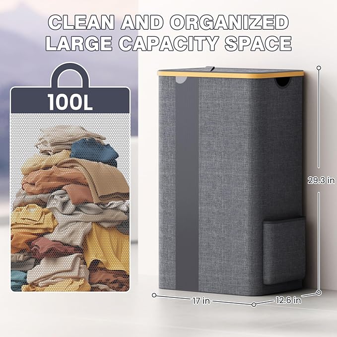 BlissTotes Laundry Basket with Lid, 100L Clothes Laundry Hamper with Handles and Removable Laundry Bag, Breathable Design Hamper with Lid for Bedroom, Bathroom, Dorm, Laundry Room - Light Grey