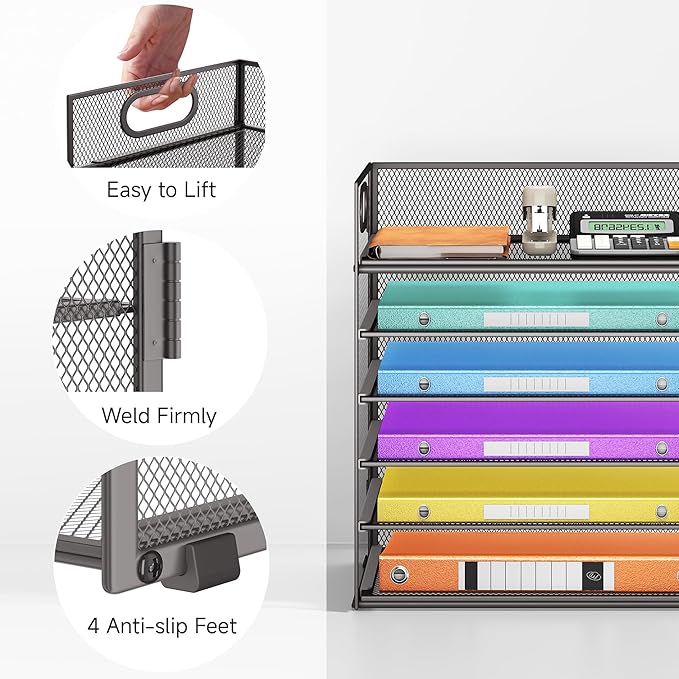 6 Tiers Letter Tray Paper Organizer With Handle, Mesh Desk File Organizer, Metal Desktop Document Shelf, Paper Sorter for Office, Home or School File Folder Holder - Grey