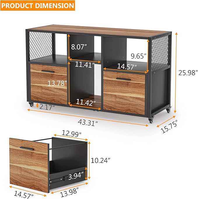 Tribesigns 2 Drawer Wood File Cabinets, Modern Mobile Lateral Filing Cabinet for Letter/ A4 Size, Printer Stand with Open Storage Shelves and Drawer for Home Office, Rustic Walnut