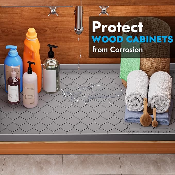 Silicone Under Sink Mat 40" x 19", Kitchen Essentials and Gadgets, Shelf Liner and Cabinet Protector, Home Organizers and Storage, Waterproof Bathroom Tray