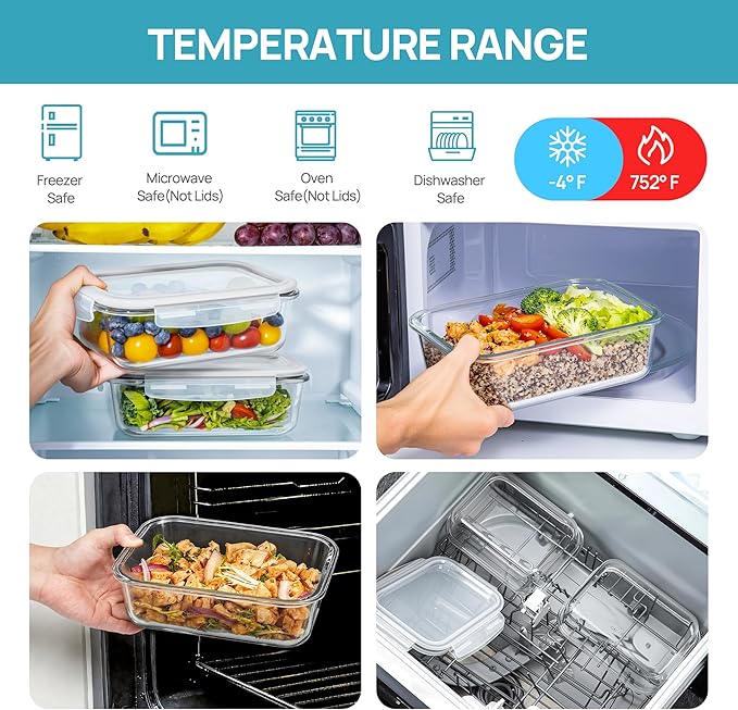 Vtopmart 2Pack 1500ml/50.7oz Large Glass Storage Containers with Lids, Meal Prep Food Container Set with Snap Airtight Lid for Baking, Microwave, Oven, Leak Proof, for Freezer, Dishwasher, Grey