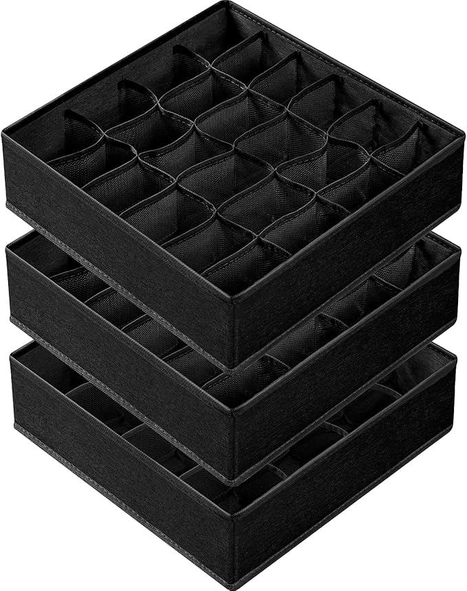 Criusia 3 Pack Sock Underwear Organizer Dividers, 64 Cell Fabric Foldable Cabinet Closet Organizers and Storage Boxes for Storing Socks, Underwear, Ties (16+24+24 Cell, Black)