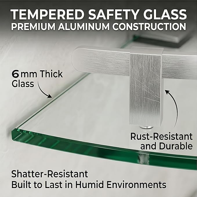 Glass Corner Shelf for Bathroom Corner Shelf, 3 Pack Tempered Glass Shelf with Silver Metal Rails,Suitable for Bathroom