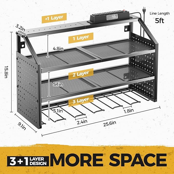 LBT 4 Layer Power Tool Organizer Wall Mount With Charging Station, Patented, 6 Outlet Power Strip, 6 Drill Holder, Heavy Duty Metal Garage Tool Storage Rack, Gifts For Men Fathers Day