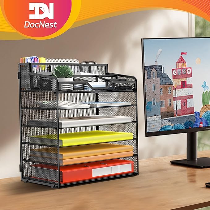 Docnest 6 Tier Mesh Desk Organizer for Paper Office Supplies – Multi-Functional Letter Tray with 5 Adjustable Compartments, 3 Pen Holders, Desktop Storage for Files, Mail, Stationery – Black