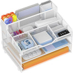 Docnest 3 Tier Mesh Desk Organizer for Paper Office Supplies – Multi-Functional Letter Tray with 5 Adjustable Compartments, 3 Pen Holders, Desktop Storage for Files, Mail, Stationery – White