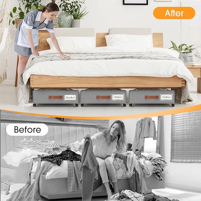 Under Bed Storage with Wheels 3Pack Underbed Storage with Clear Window&Label Under Bed Drawers Large Capacity Rolling Under Bed Storage for Clothes,Shoes, Blankets (Light Grey)