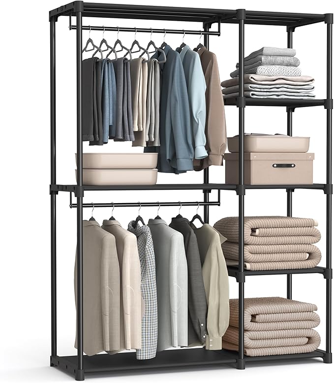 SONGMICS Portable Closet, Freestanding Closet Organizer, Clothes Rack with Shelves, Hanging Rods, Storage Organizer, for Cloakroom, Bedroom, 48.8 x 16.9 x 71.7 Inches, Black URYG026B02