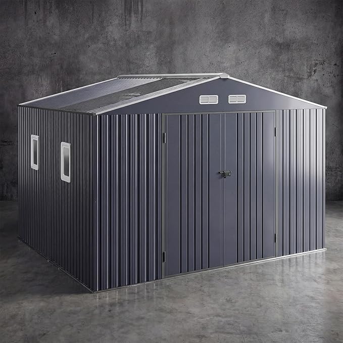 WACASA 10x10 FT Metal Shed with Base Frame Floor Kit | Heavy-Duty Military-Grade 20-Gauge Reinforced Frame with Powder Coating | 50 PSF Snow Load & 120 MPH Wind Rated | Skylight Tiny House Building