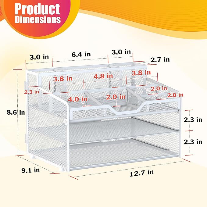 Docnest 3 Tier Mesh Desk Organizer for Paper Office Supplies – Multi-Functional Letter Tray with 5 Adjustable Compartments, 3 Pen Holders, Desktop Storage for Files, Mail, Stationery – White