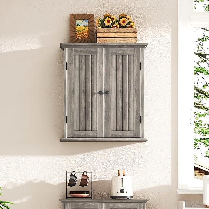 ChooChoo Bathroom Wall Cabinet, Over The Toilet Space Saver Storage Cabinet, Farmhouse Medicine Cabinet with 2 Doors and Adjustable Shelves, Cupboard, Retro Grey