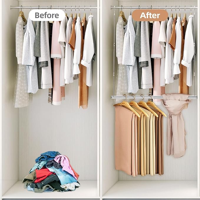 STORAGE MANIAC Hanging Closet Rod, Adjustable Width and Height Closet Hanging Organizer, Space-Saving Clothes Hanging Bar, Closet Extender Hanging Rod Double Closet Hanging Rod, 1 Pack Chrome