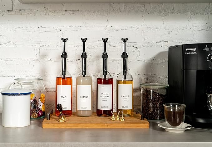 Demi's Home 25.4 oz 750 ml Glass Coffee Syrup Dispenser for Coffee Bar - 4 Pack - Comprehensive Label Set & ¼ oz Pumps Included