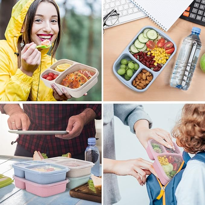 4 Pack Bento Lunch Box Set 3 Compartment Food Storage Containers Wheat Straw Meal Prep Lunch Box Plastic Food Storage Containers, Microwave and Dishwasher Safe (light colour)