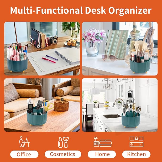Desk Pencil Pen Holder, 5 Slots 360°Degree Rotating Pen Organizers for Desk, Desktop Storage Stationery Supplies Organizer, Cute Pencil Cup Pot for Office, School, Home, Art Supply, Dark Green