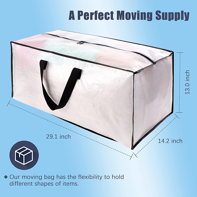 12 Pack Large Strong Moving Bags with Zippers & Carrying Handles - Water-Resistant - Heavy Duty Storage Tote for Space Saving, Fold Flat, Alternative to Moving Box (Semi-Transparent)