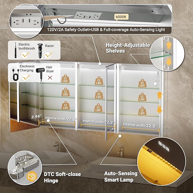 72x30 Lighted Medicine Cabinet Mirror with Lights & Smart Night Lamp -Surface or Recessed Medicine Cabinet with Outlet & Clock,Fogless Dimmable LED Storage Mirror,Built-in Sensor Light