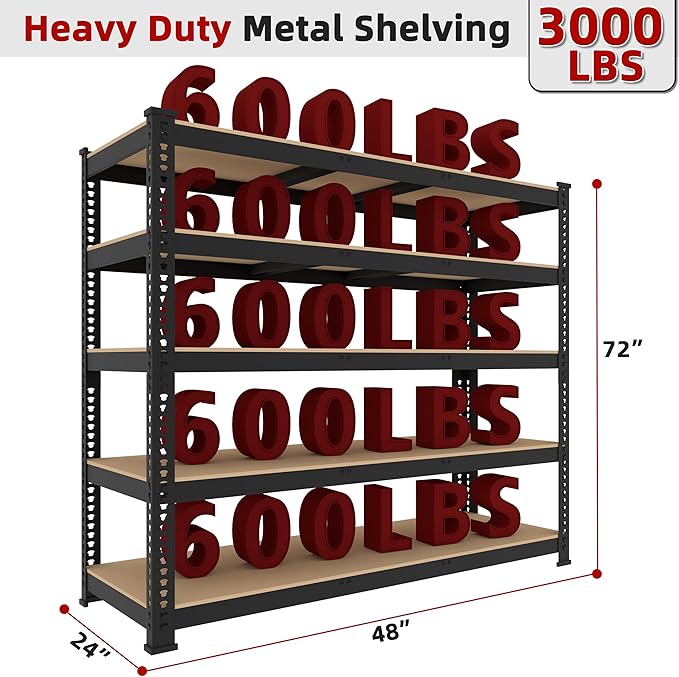 6 Packs 48" W x 24" D x 72" H Adjustable Garage Storage Shelves - 5-Shelf Heavy Duty Shelving Unit, Metal Utility Storage Organizer Racks for Warehouse Pantry Closet Kitchen, Black