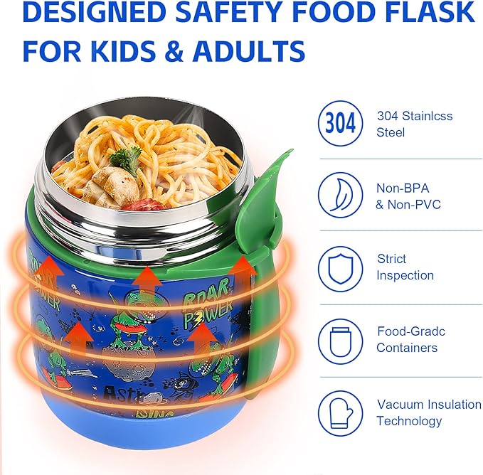 10oz Soup Thermo for Hot Food Kids Insulated Food Jar,Thermo Hot Food Lunch Container, Width Mouth Stainless Steel Lunch Box for Kids with Spoon (Blue-dinosaur)