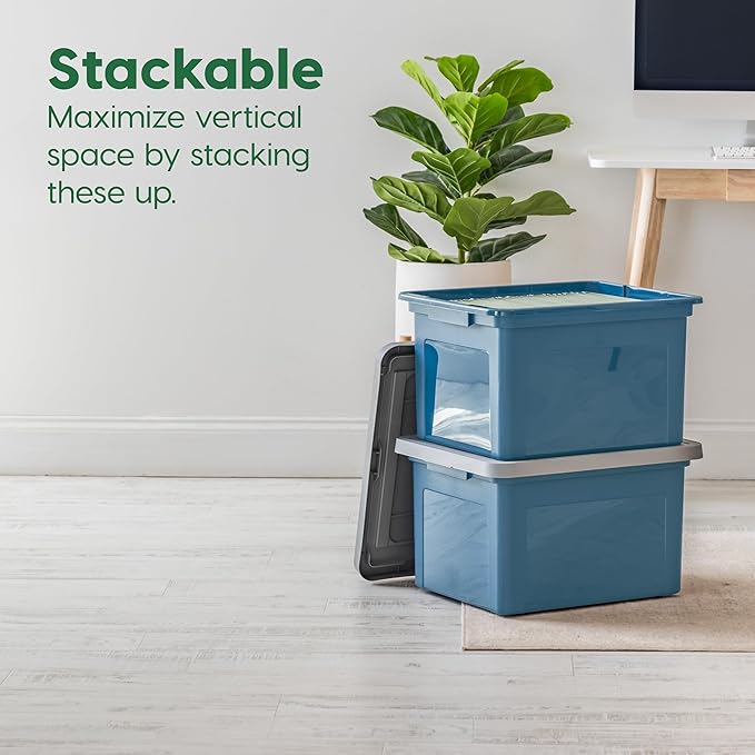 IRIS USA File Box Plastic File Organizer for Letter/Legal File, Document Box, Durable Storage Bin Tote with Secure Latching Lid, Stackable, BPA-Free, Eco Friendly, Sustainable, Navy/Gray 35 Qt. 4 Pack