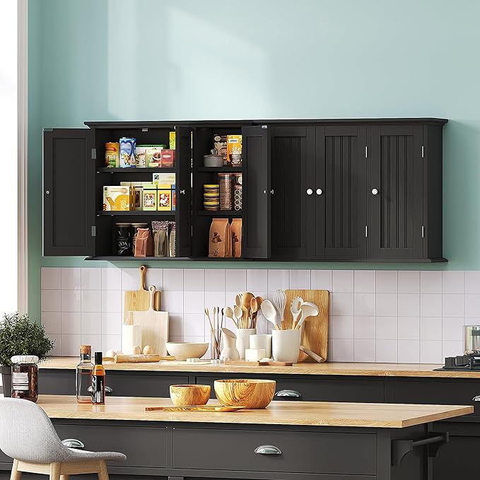 ChooChoo Bathroom Wall Cabinet with 3 Doors, Laundry Cabinet Wall Mounted, Medicine Cabinet with Adjustable Shelves, Hanging Kitchen Cupboard Organizer, Black