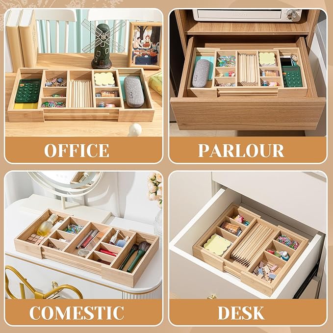 Weysat Sliding Expandable Bamboo Wood Desk Drawer Organizer with 9 Compartments 12"x9" Expandable to 20"x9" Office Desk Organizer Tray Divider Drawer for Office Supplies Makeup Jewelry Vanity