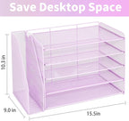 OPNICE Desk Organizer, 5-Tier Paper Organizer Letter Tray with Magazine Holder, Office Desk Accessories & Workspace Organizers, Desktop File Organizer for Office Supplies Storage, Purple