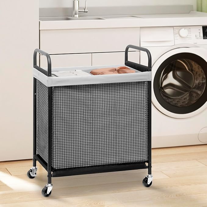STORAGE MANIAC Rolling Laundry Hamper with Wheels 2-Section Laundry Sorter Rolling Laundrys Basket on Wheels with Removable Bag Clothes Hamper Laundrys Organizer Cart Bathroom Bedroom 100L Grey