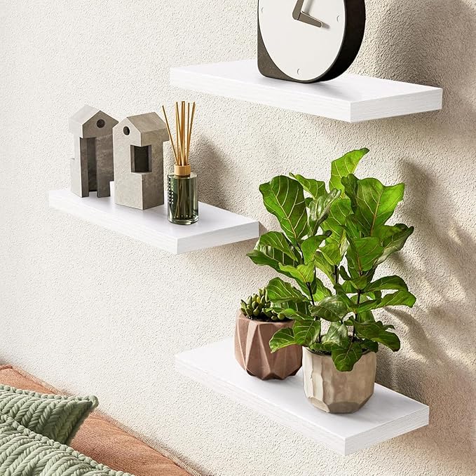 BAYKA White Floating Shelves for Wall – Rustic Wood Wall Shelves with Metal Brackets for Bathroom, Bedroom, Kitchen, or Living Room Decor Organization – Set of 3, Sturdy Storage with 22lb Capacity