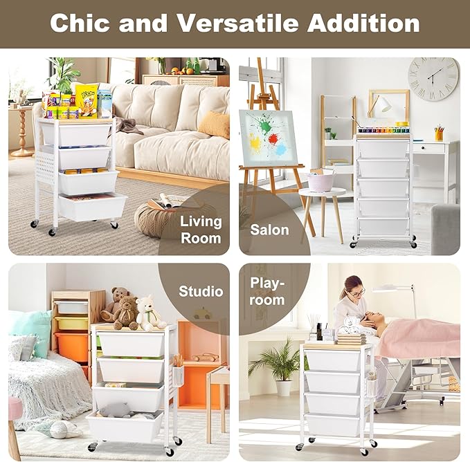 Rolling Cart with Drawers, Rolling Storage Cart with 6 Large Plastic Drawers & Wooden Tabletop, Utility Cart with Pegboards & Basket, Storage Drawers Cart for Living Room, Classroom, Bedroom, Office