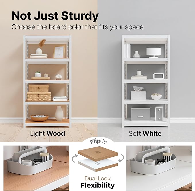HOMEDANT House 5 Tier Heavy Duty Garage Shelving Adjustable Metal Rack Storage Shelves Standing Shelf Unit Organizers Pantry Closet Office (1, White, (Wheels) 48.1" W x 18.5" D)