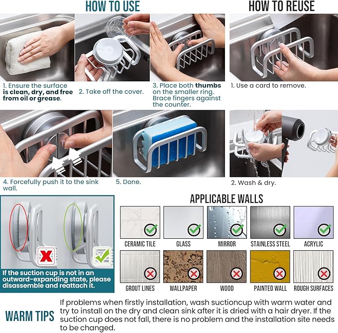 TAILI Sponge Holder for Kitchen Sink with Strong Suction Cup, Removable Sponge Holder, Rustproof Aluminum Sink Caddy for Sponges, Dish Brush - Silver