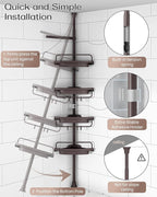 ALLZONE Rustproof Shower Caddy Corner for Bathroom, Bathtub Storage Organizer for Shampoo Accessories, 4-Tier Adjustable Shelves with Tension Pole, Fit Height 34 to 116 Inch, Brown