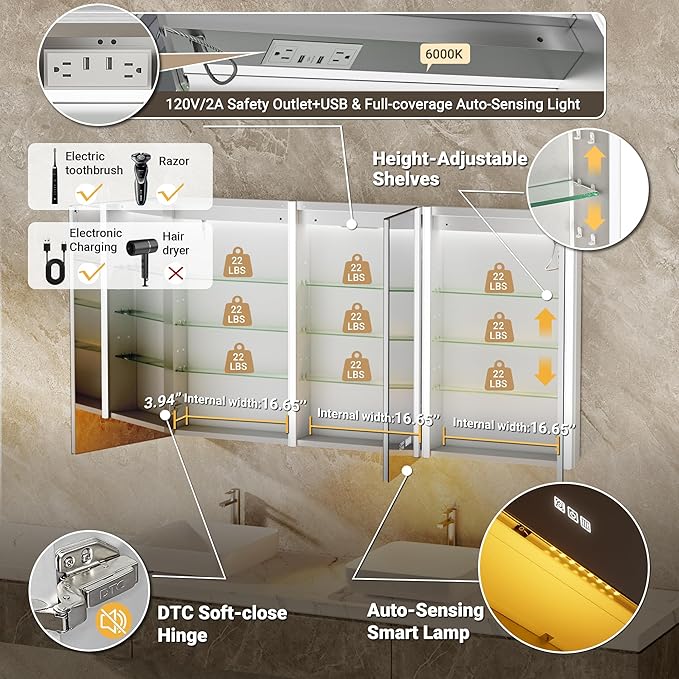 54x30 Lighted Medicine Cabinet Mirror with Lights & Smart Night Lamp -Surface or Recessed Medicine Cabinet with Outlet & Clock,Fogless Dimmable LED Storage Mirror,Built-in Sensor Light