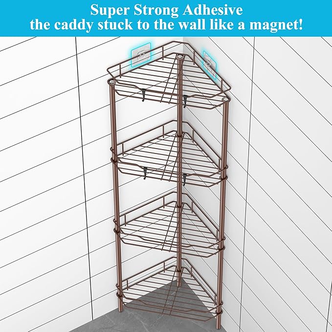 4 Tier Floor Standing Corner Shower Caddy Organizer Shelf with Hooks, Bathroom Shelves Stand Rack, Coffee