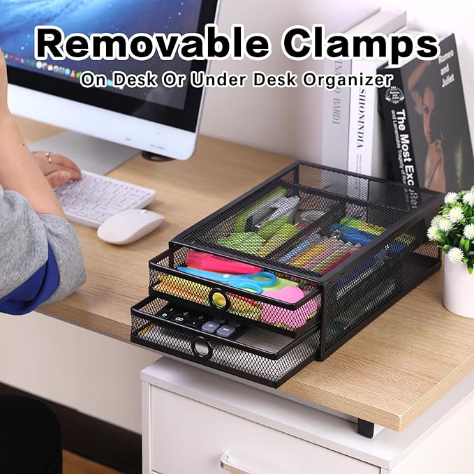 ROSYLINE Under Desk & Desktop Drawer Organizer - 2-Tier Metal Slide Out Drawers Organizer, Storage for Home Office Desk (Black)