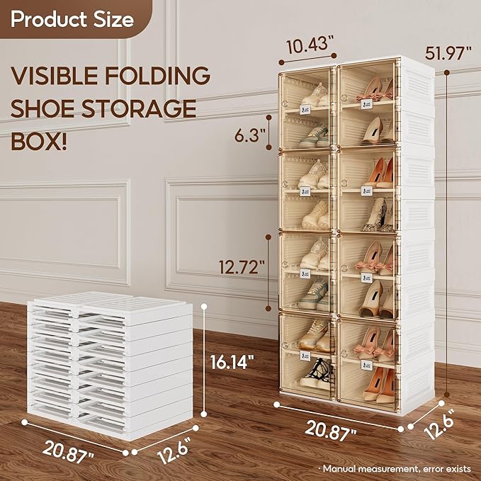 ANTBOX Shoe Organizer Storage Box, Portable Folding Shoe Rack For Closet With Magnetic Clear Door,Large Sneaker Cabinet Bins Sturdy Easy Assembly 8 Layers-16 Grids