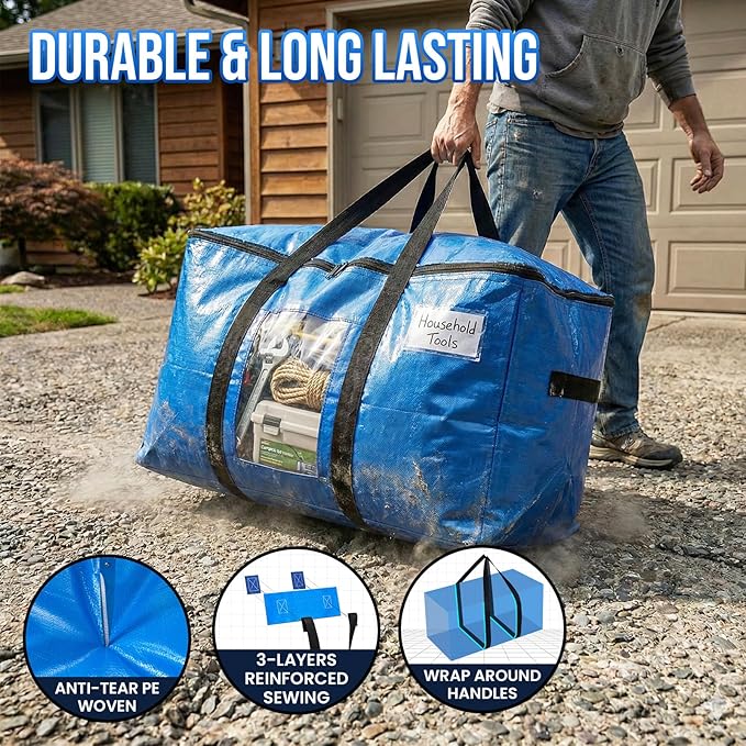 TAILI Extra Large Moving Bags, 6 Pack Blue Heavy Duty Totes For Storage with Visible Window, Wrap Around Handles, Storage Bags for Space Saving, Alternative to Moving Boxes