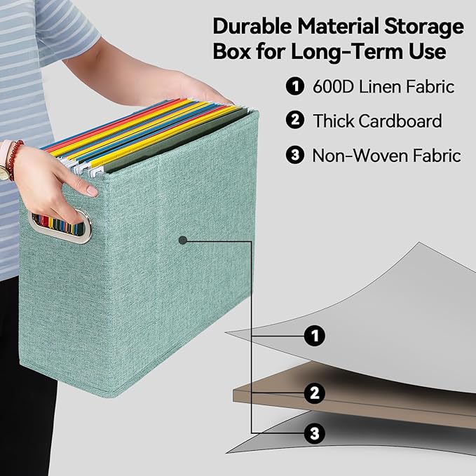 4 Packs Letter Size File Organizer, File Folders Organizer, Fabric Storage Box, Collapsible Paper Organizer with Metal Handle, Smooth PVC Rails, Only Box (Green)