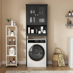 Nuturelly Over The Toilet Storage Cabinet, Bathroom Storage Organizer with Adjustable Shelves and Double Glass Doors, Freestanding Above Toilet Storage with Open Shelf, Wooden Toilet Rack(Black)