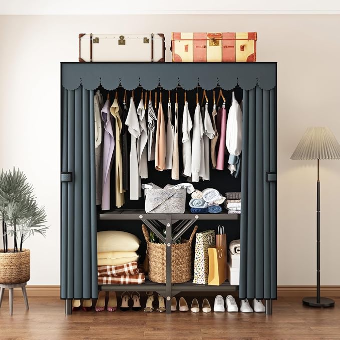 Foldable Clothes Hanger with Cover Portable Wardrobe, Metal Standing Armoire Wardrobe Clothes Rack with Gray Fabric Cover,One-Piece Folding Base,25MM Steel Tube for Bedroom